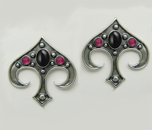 Sterling Silver Gothic Inspired Drop Dangle Earrings With Black Onyx And Pink Tourmaline